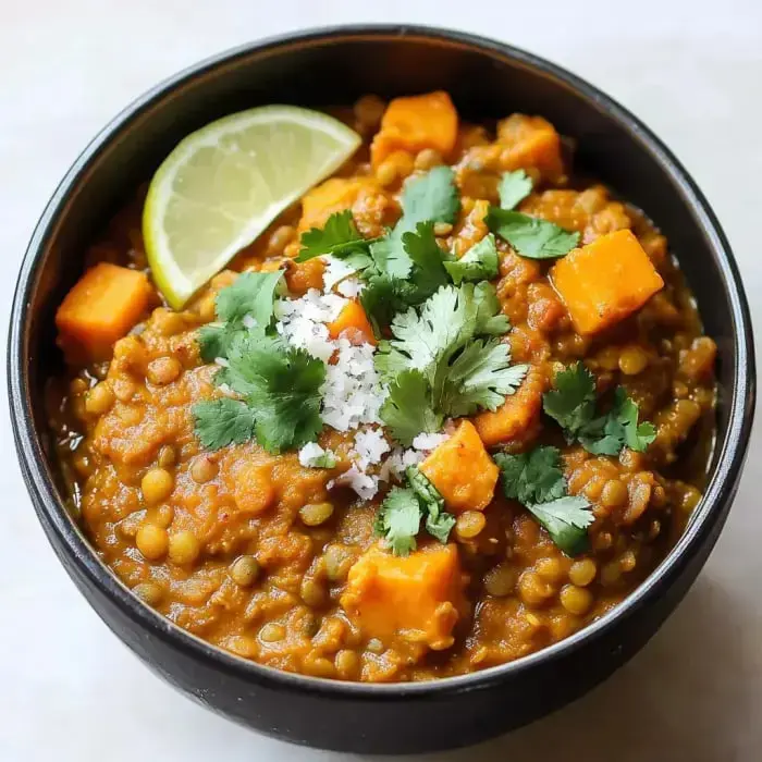 A bowl of lentil stew topped with diced sweet potatoes, fresh cilantro, and a slice of lime.