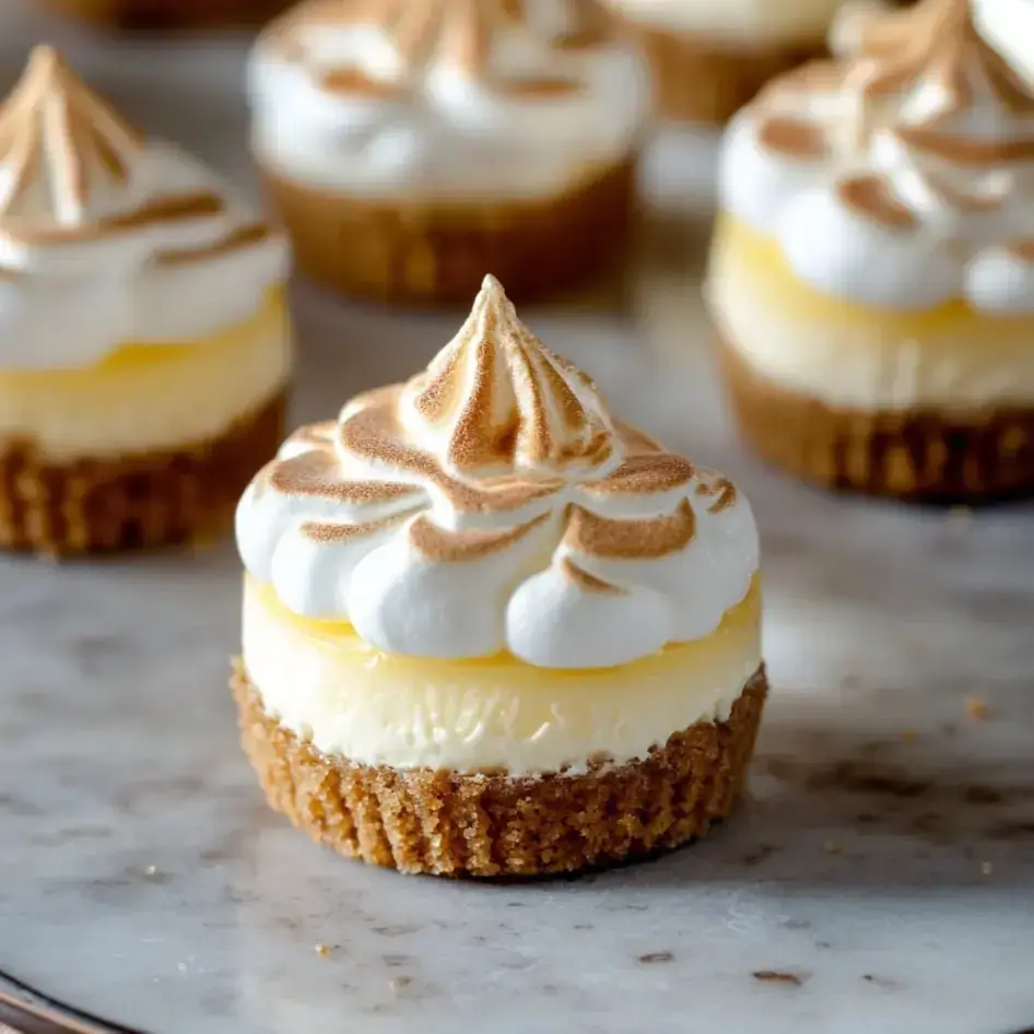 A close-up of a mini lemon meringue tart with a graham cracker crust and swirls of toasted meringue on top.