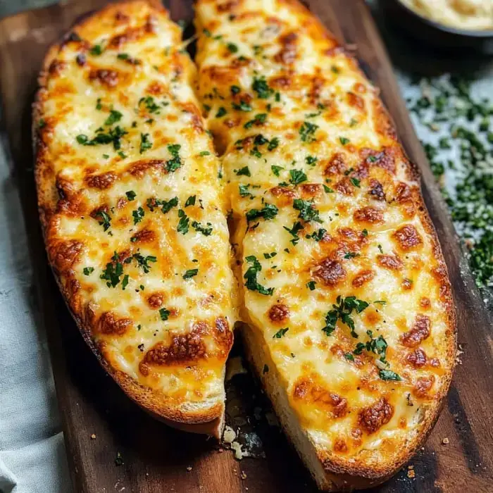 A wooden platter holds two halves of cheesy garlic bread, topped with melted cheese and sprinkled with fresh parsley.