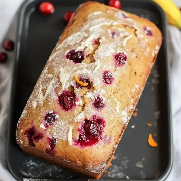 A loaf of cranberry orange bread is dusted with flour, showcasing its bright cranberry pieces on top.