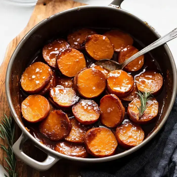 A close-up view of a pan filled with glazed sweet potato slices garnished with rosemary.