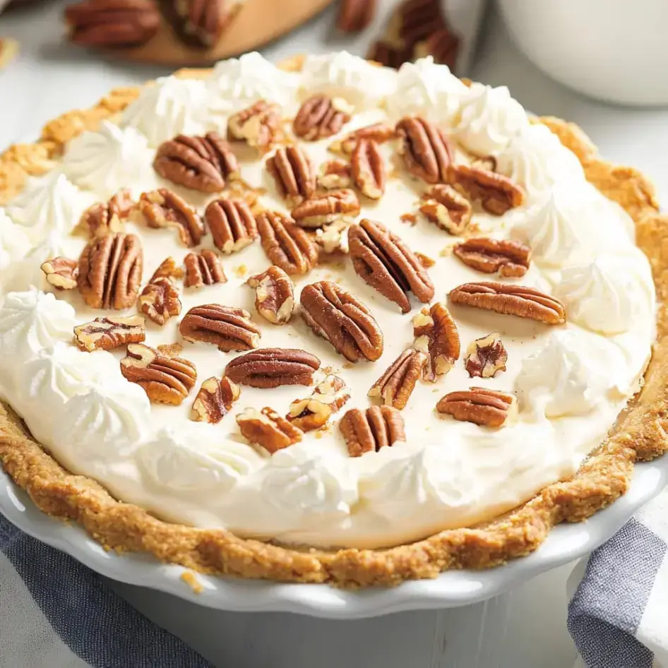 A delicious pecan pie topped with whipped cream and whole pecans on a white dish.