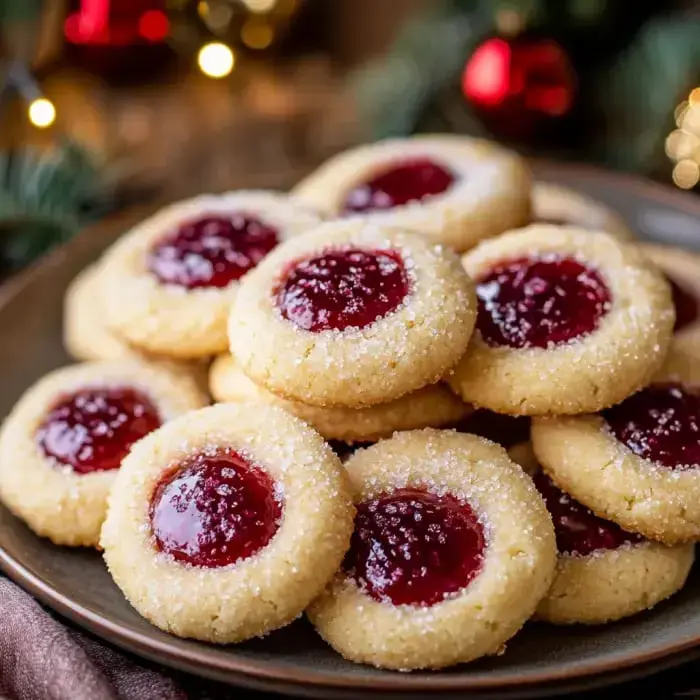 A plate of golden-brown cookies topped with raspberry jam and coated in sugar sits in a cozy, festive setting.