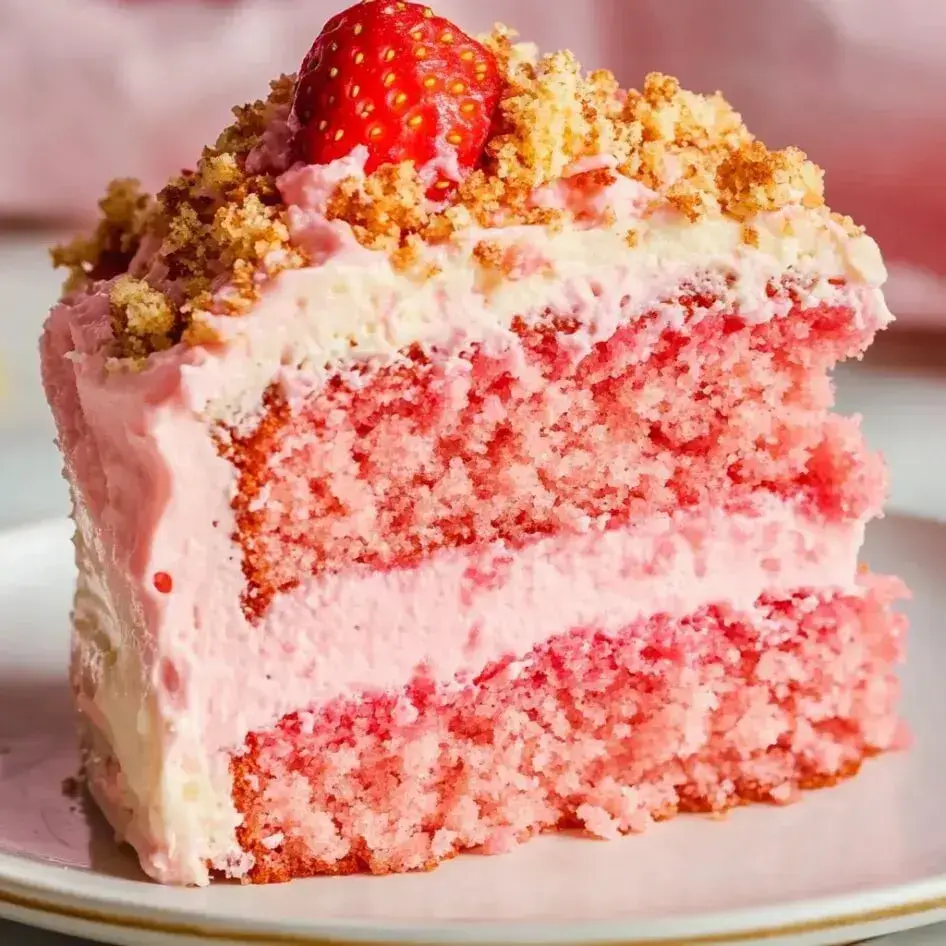 A close-up of a slice of pink strawberry cake topped with a whole strawberry and crumble.