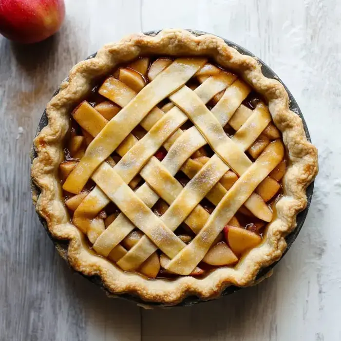 A freshly baked apple pie with a lattice crust, set on a wooden surface next to a red apple.