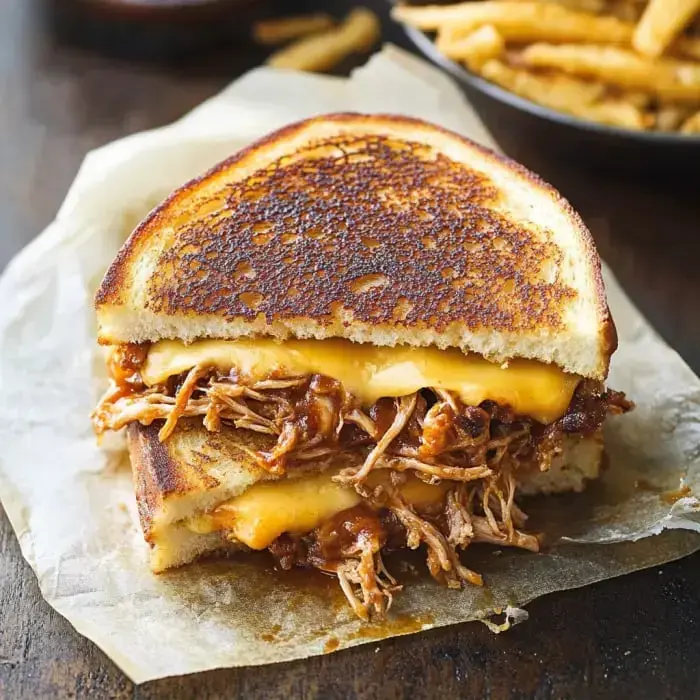 A grilled cheese sandwich layered with pulled pork and melted cheese, served on parchment paper.