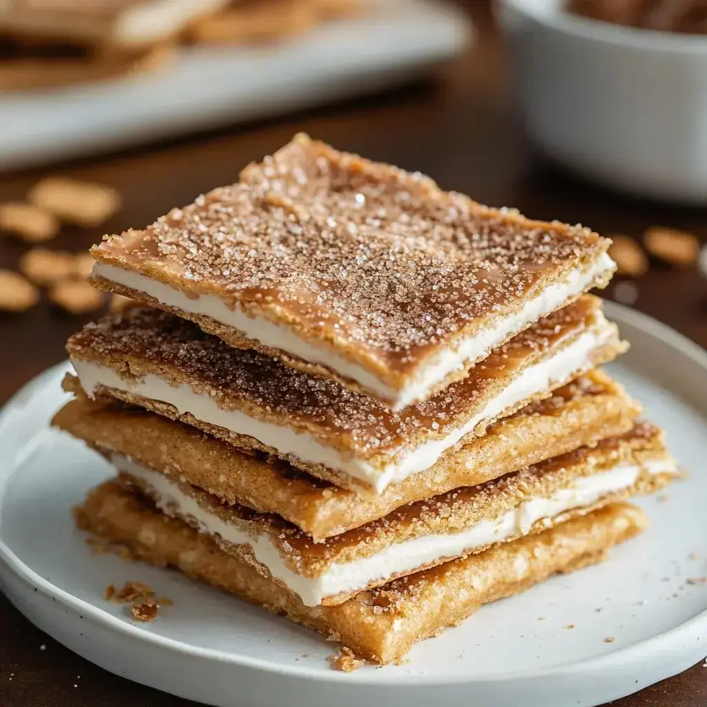 A stack of four layered dessert bars with a creamy filling and a sugary, golden-brown topping on a white plate.