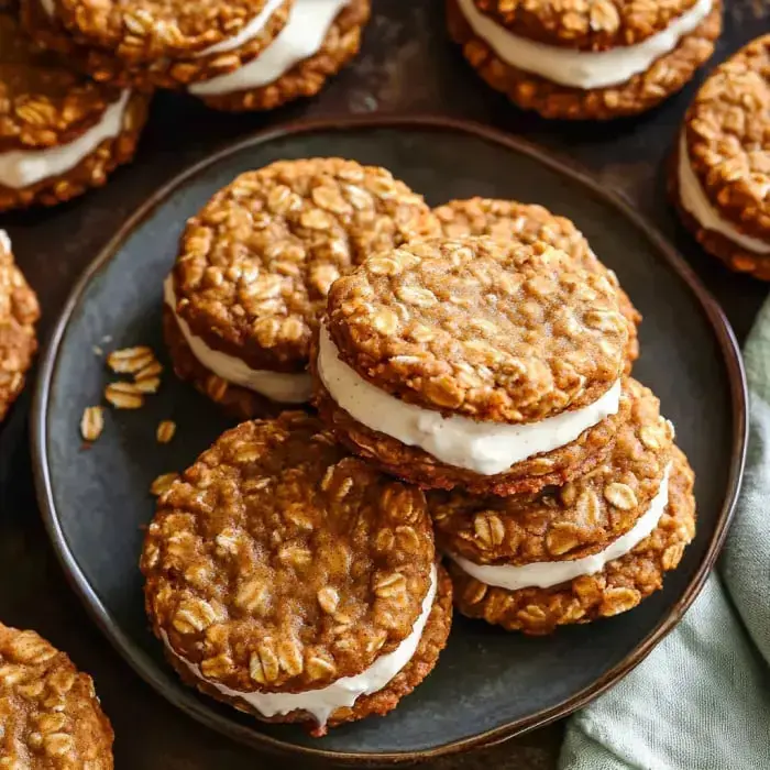 A plate of oatmeal cream pie cookies stacked with creamy filling between two chewy oatmeal cookies.