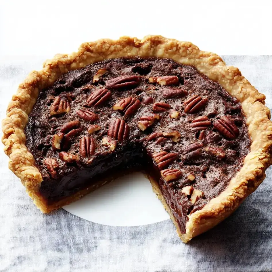 A pecan pie with a slice removed, showcasing its filling and topped with whole pecans, rests on a light, textured surface.