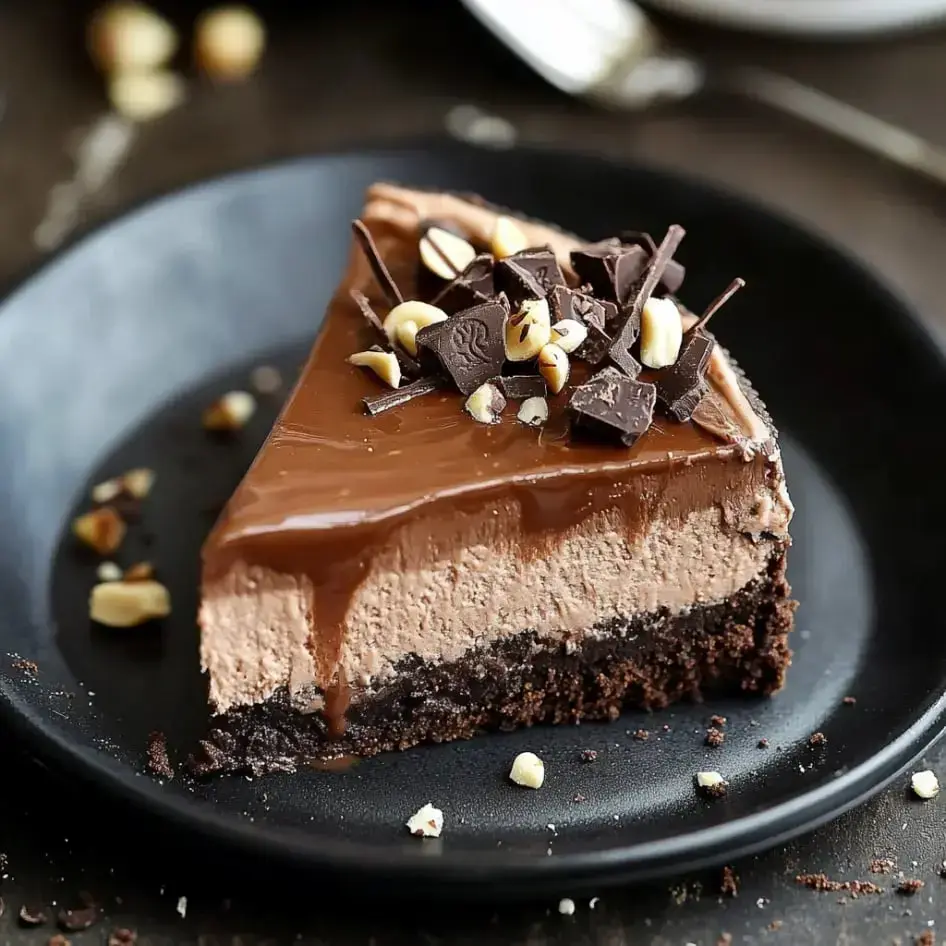 A slice of chocolate cake with a creamy chocolate filling and a crust made of chocolate cookies, topped with chocolate shavings and chopped nuts, served on a black plate.