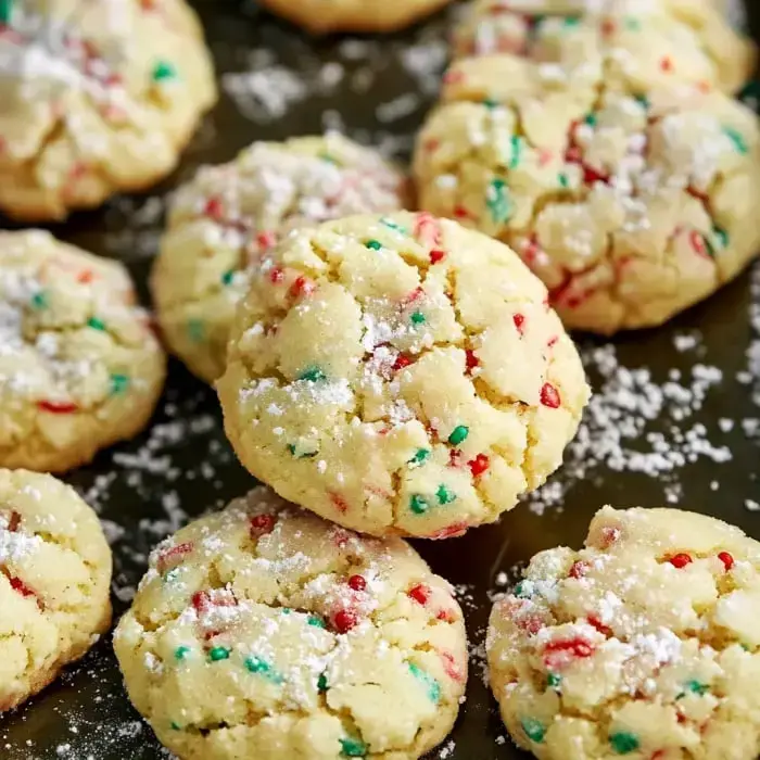 A close-up of vibrant, colorful cookies sprinkled with powdered sugar, featuring red and green bits throughout.