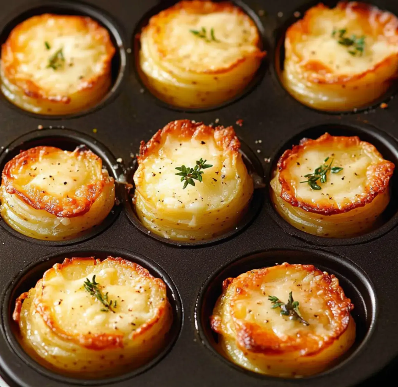 A muffin tin filled with golden-brown mini potato gratins topped with melted cheese and fresh thyme.