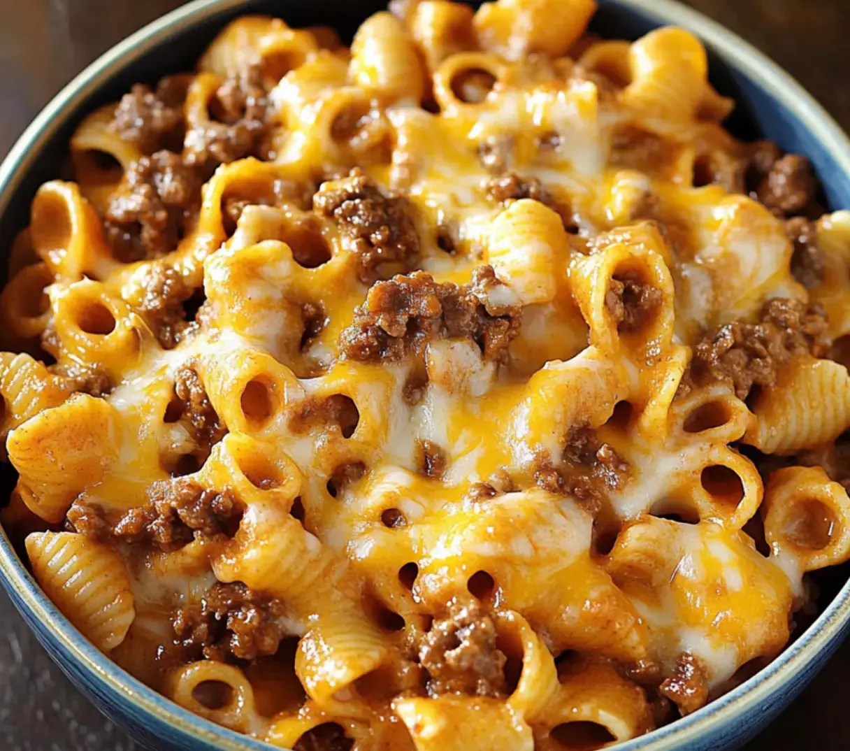 A close-up of a bowl filled with pasta, ground beef, and melted cheese.