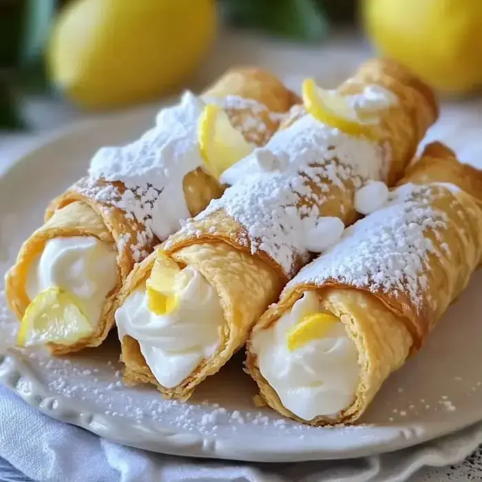 A plate of three lemon-filled cannoli topped with powdered sugar and lemon slices.