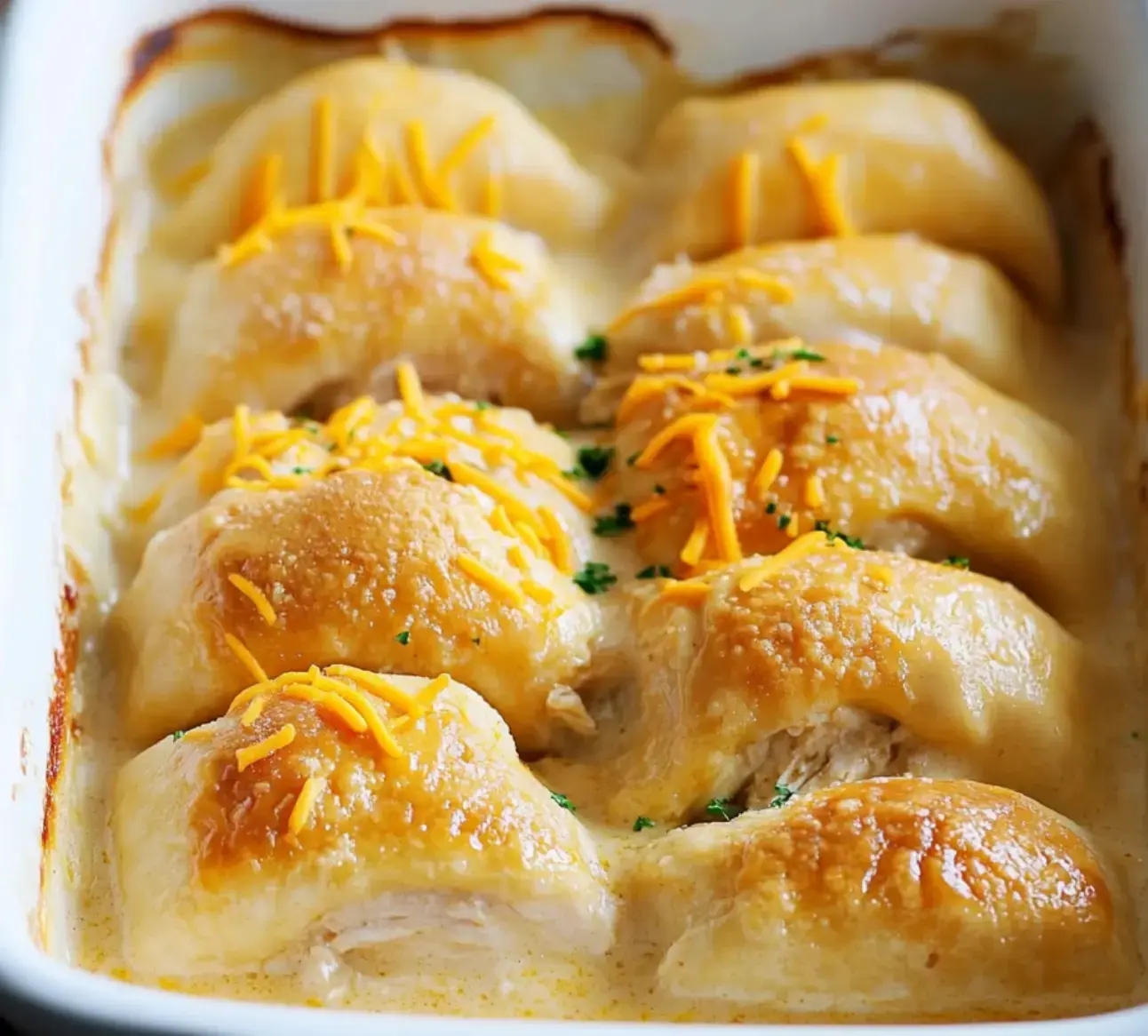 A baked dish featuring soft rolls filled with chicken, topped with melted cheese and garnished with parsley in a creamy sauce.