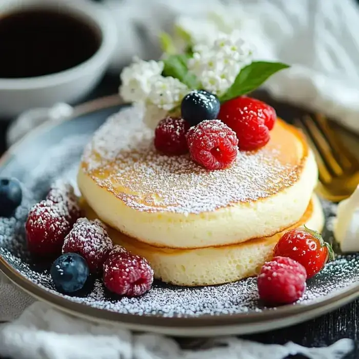 Stacked pancakes topped with fresh berries, powdered sugar, and a sprig of greenery, served on a plate with a cup of coffee in the background.