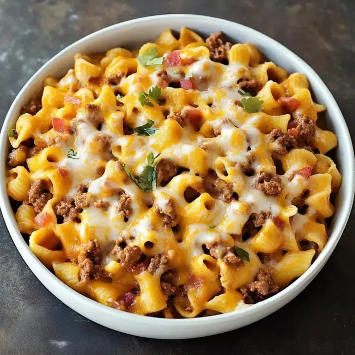 A bowl of cheesy pasta topped with seasoned ground beef, diced tomatoes, and garnished with herbs.