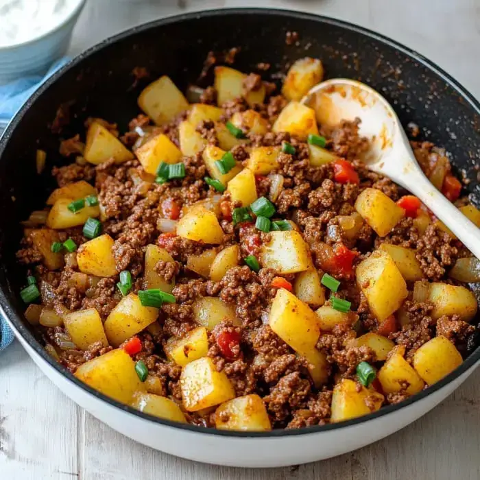 A skillet filled with seasoned ground beef and diced potatoes, garnished with chopped green onions.