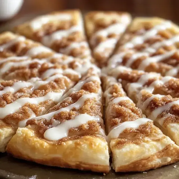 A freshly baked dessert pizza is sliced into wedges, topped with cinnamon and drizzled with icing.