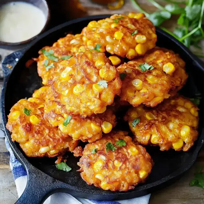 A black skillet holds a stack of golden corn fritters garnished with fresh cilantro.