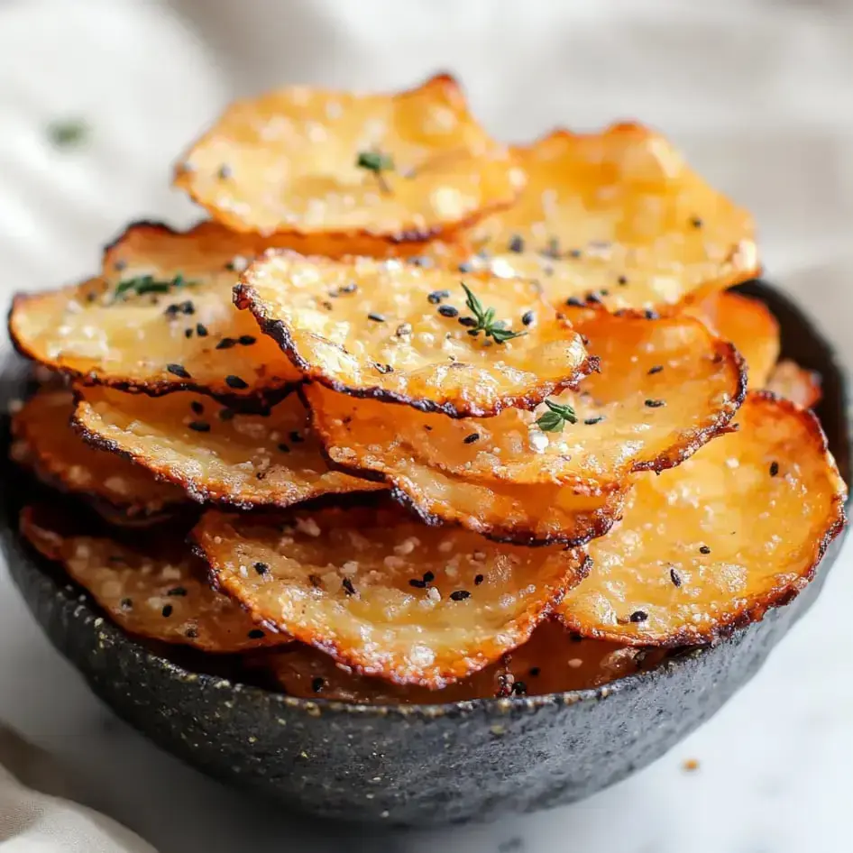 A close-up image of a bowl filled with golden, crispy potato chips garnished with black sesame seeds and fresh thyme.