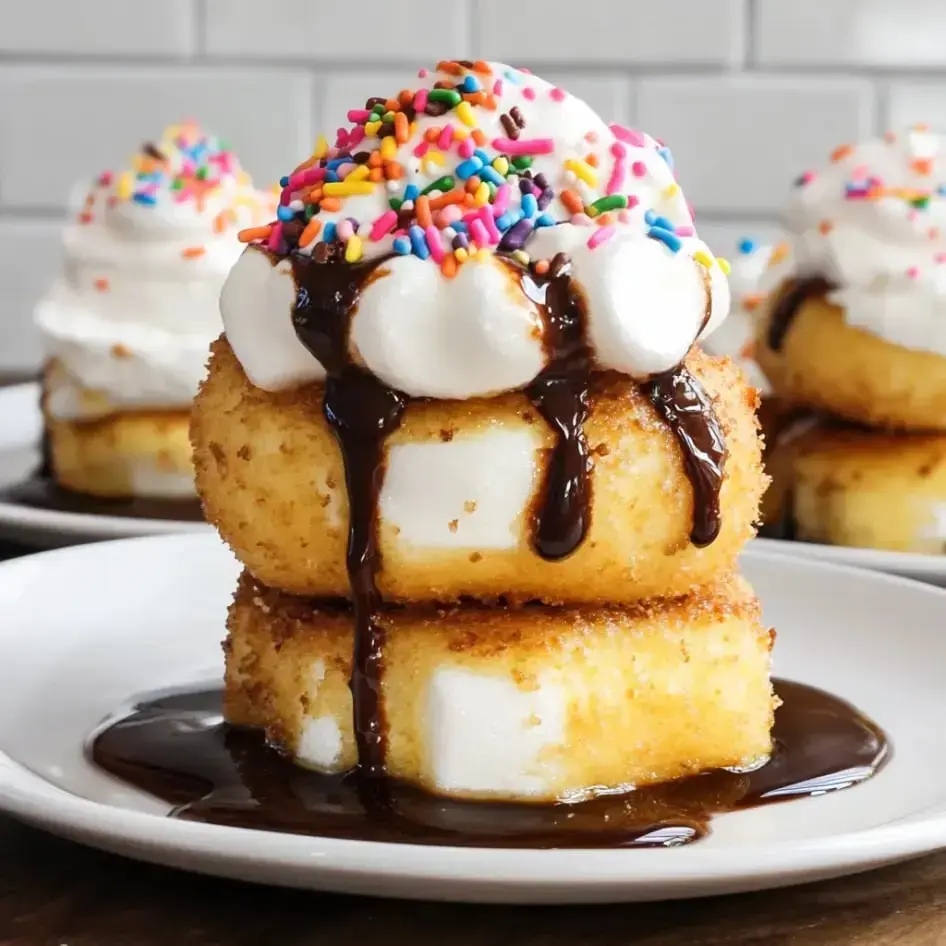 A stack of two golden, crispy cakes topped with whipped cream, chocolate sauce, and colorful sprinkles, served on a white plate.