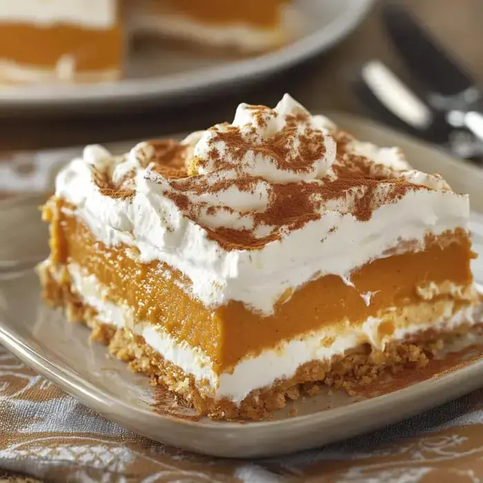 A slice of pumpkin dessert topped with whipped cream and a sprinkle of cinnamon on a beige plate.