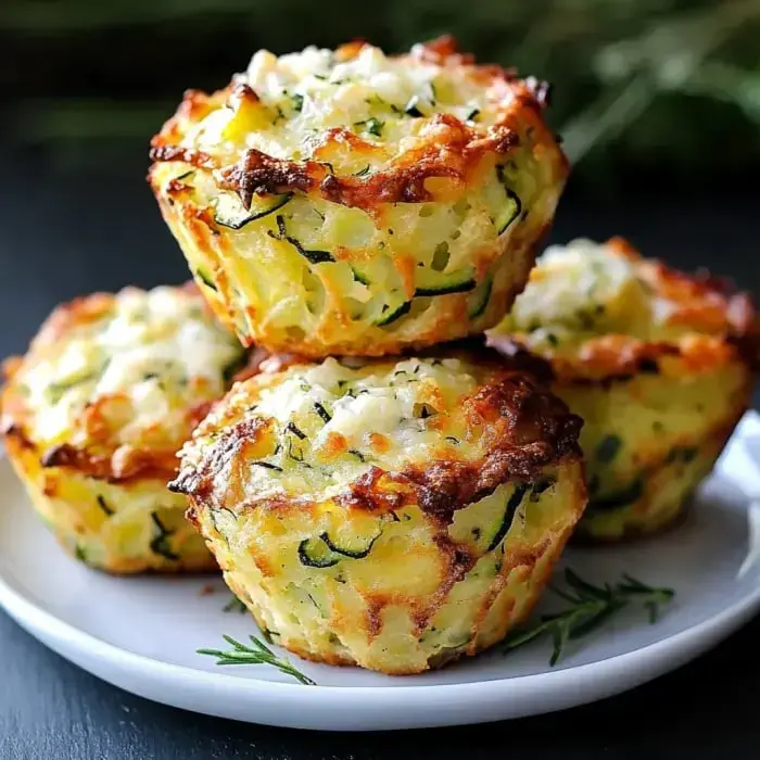 A plate holds three freshly baked, golden-brown zucchini muffins topped with melted cheese.