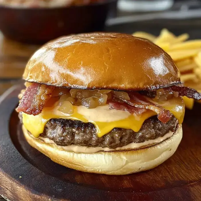 A juicy burger with melted cheese, bacon, and sautéed onions sits on a toasted bun, accompanied by French fries.