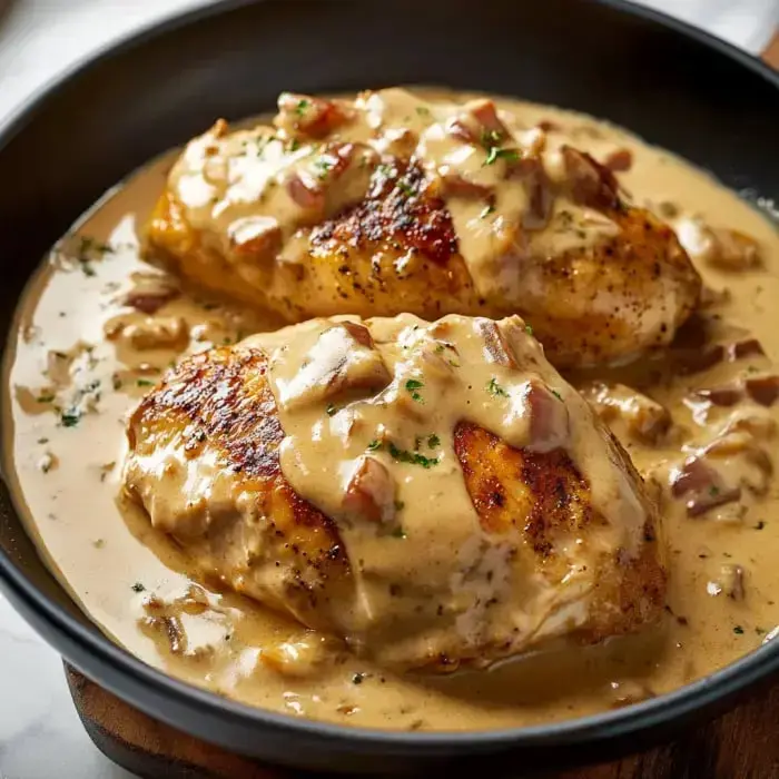 Two pieces of chicken breast are served in a creamy sauce with diced bacon and herbs in a black dish.