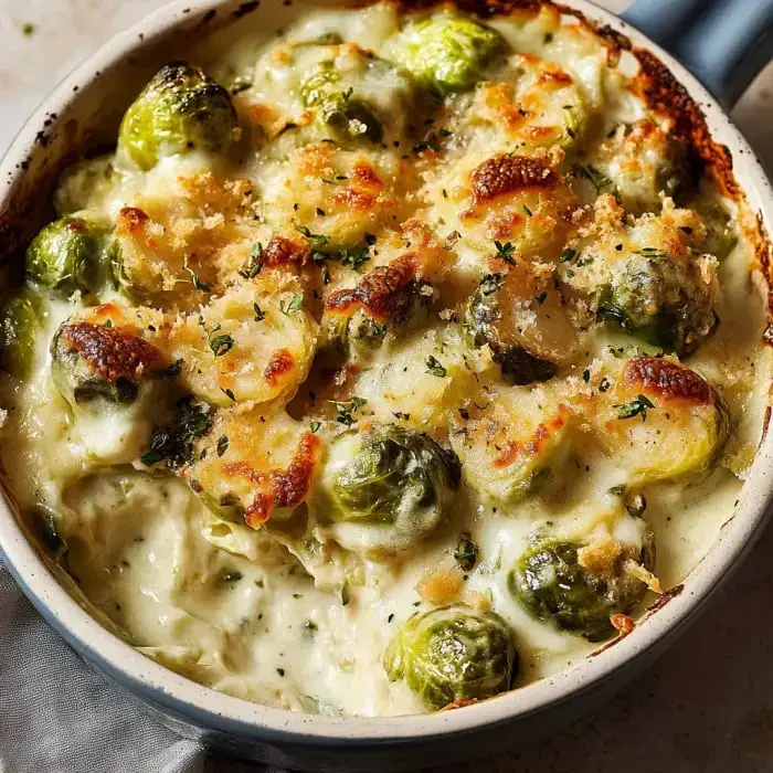 A baked dish featuring Brussels sprouts topped with a golden-brown breadcrumb and cheese layer.