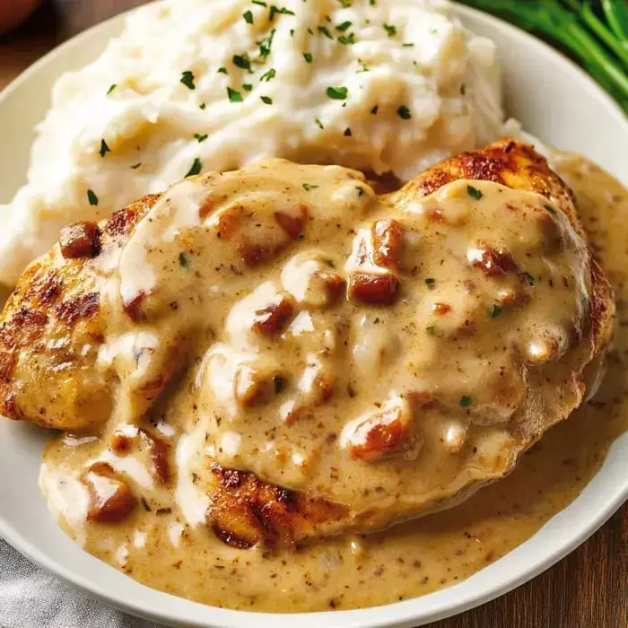 A plate of creamy chicken smothered in gravy, accompanied by fluffy mashed potatoes garnished with parsley.