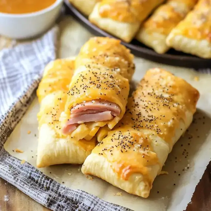 A close-up view of baked ham and cheese pastries topped with melted cheese and poppy seeds, served with a side of dipping sauce.