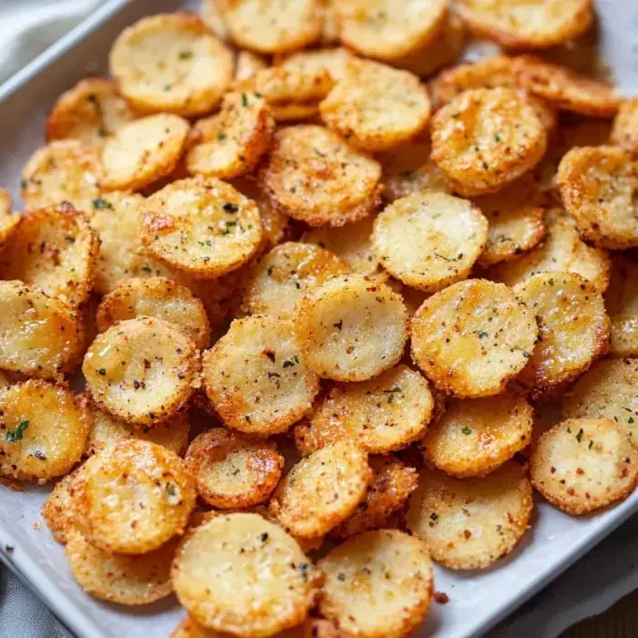 A closely arranged pile of crispy, golden-brown potato slices seasoned with spices, served on a rectangular plate.