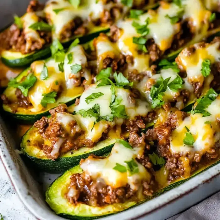 Baked zucchini boats filled with seasoned ground beef, topped with melted cheese and garnished with fresh cilantro.