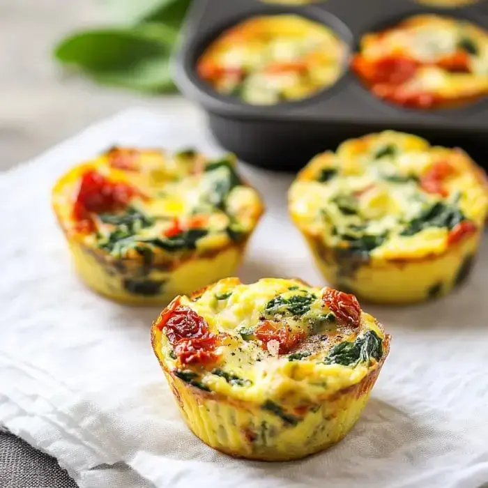 Three spinach and sun-dried tomato mini frittatas on a white cloth, with a muffin tin in the background.