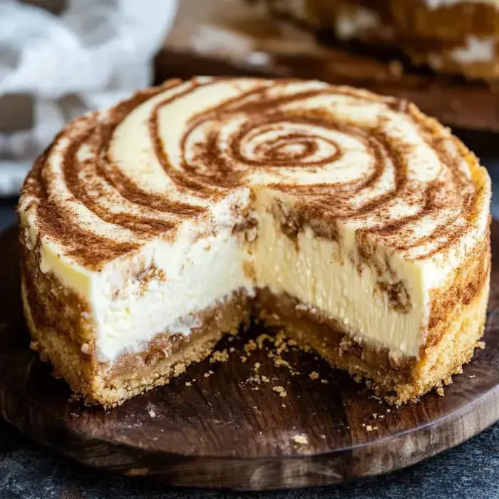 A creamy cheesecake with a swirl of cocoa powder on top and a slice removed, resting on a wooden platter.