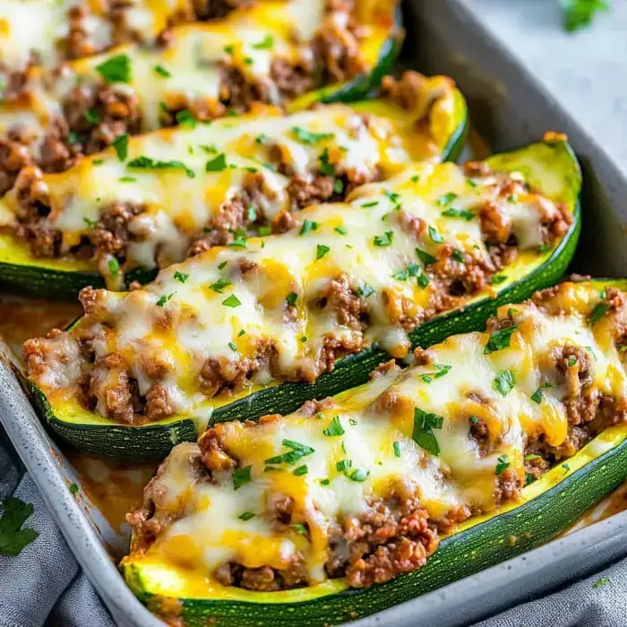 Baked zucchini boats filled with seasoned ground meat, topped with melted cheese and garnished with parsley.