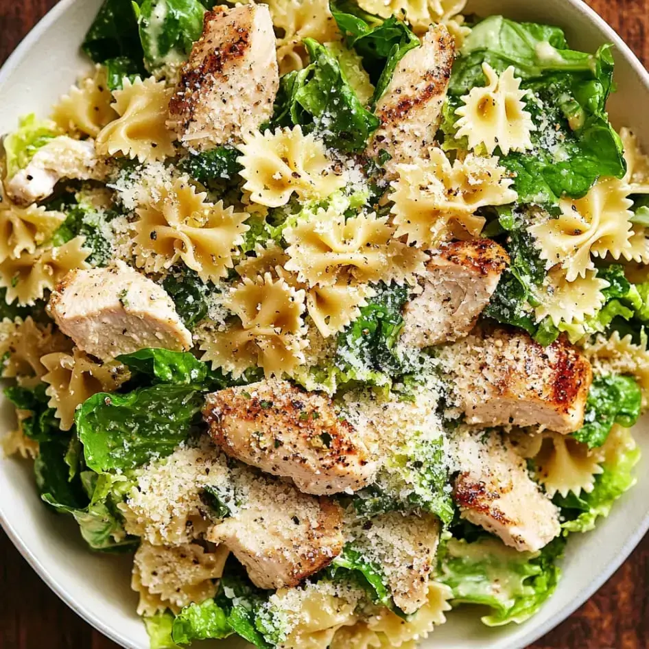 A bowl of pasta salad featuring farfalle, grilled chicken, chopped lettuce, and sprinkled Parmesan cheese.