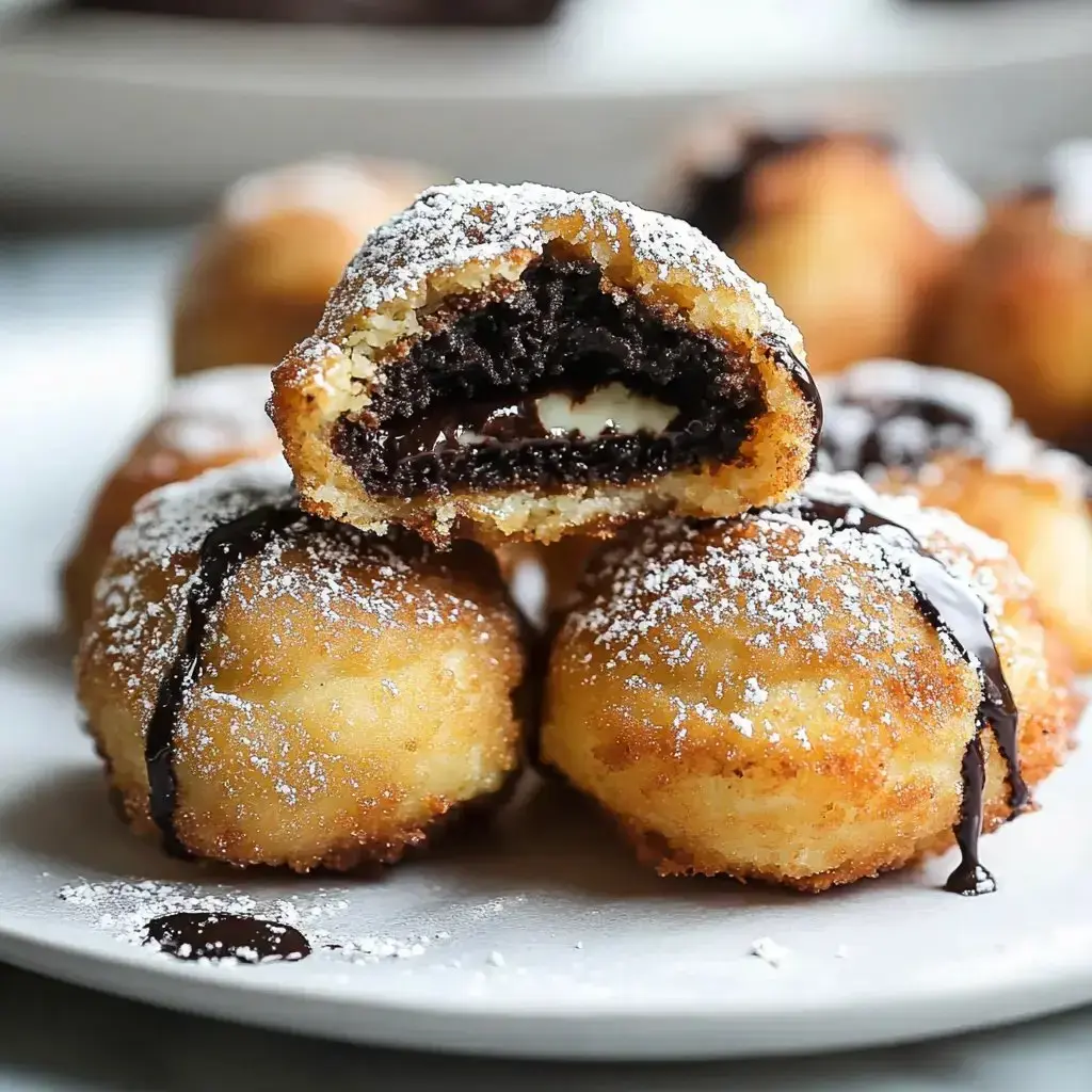 A plate of golden-brown deep-fried snacks filled with chocolate and cream, dusted with powdered sugar and drizzled with chocolate sauce.