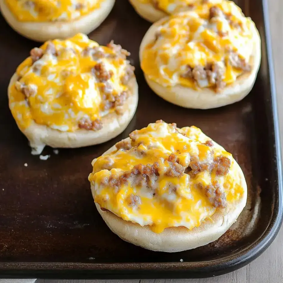 A close-up image of toasted English muffins topped with cheese and crumbled sausage on a baking tray.