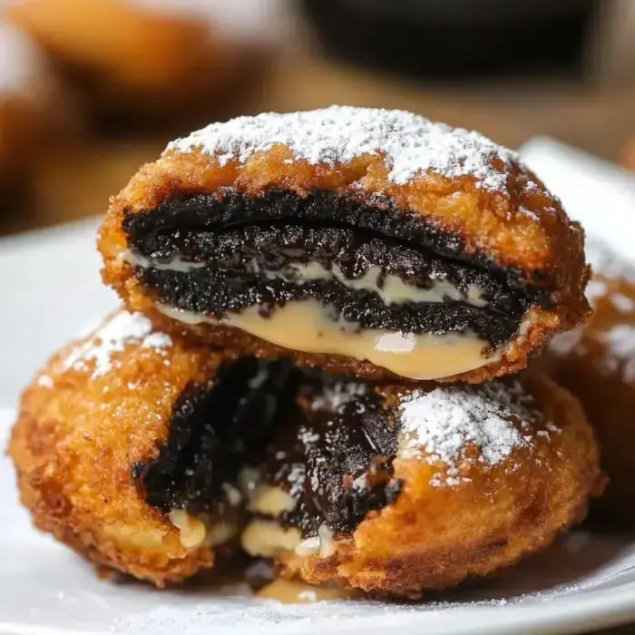 A close-up of a sliced, deep-fried Oreo revealing its chocolate cookie layers and creamy filling, dusted with powdered sugar.