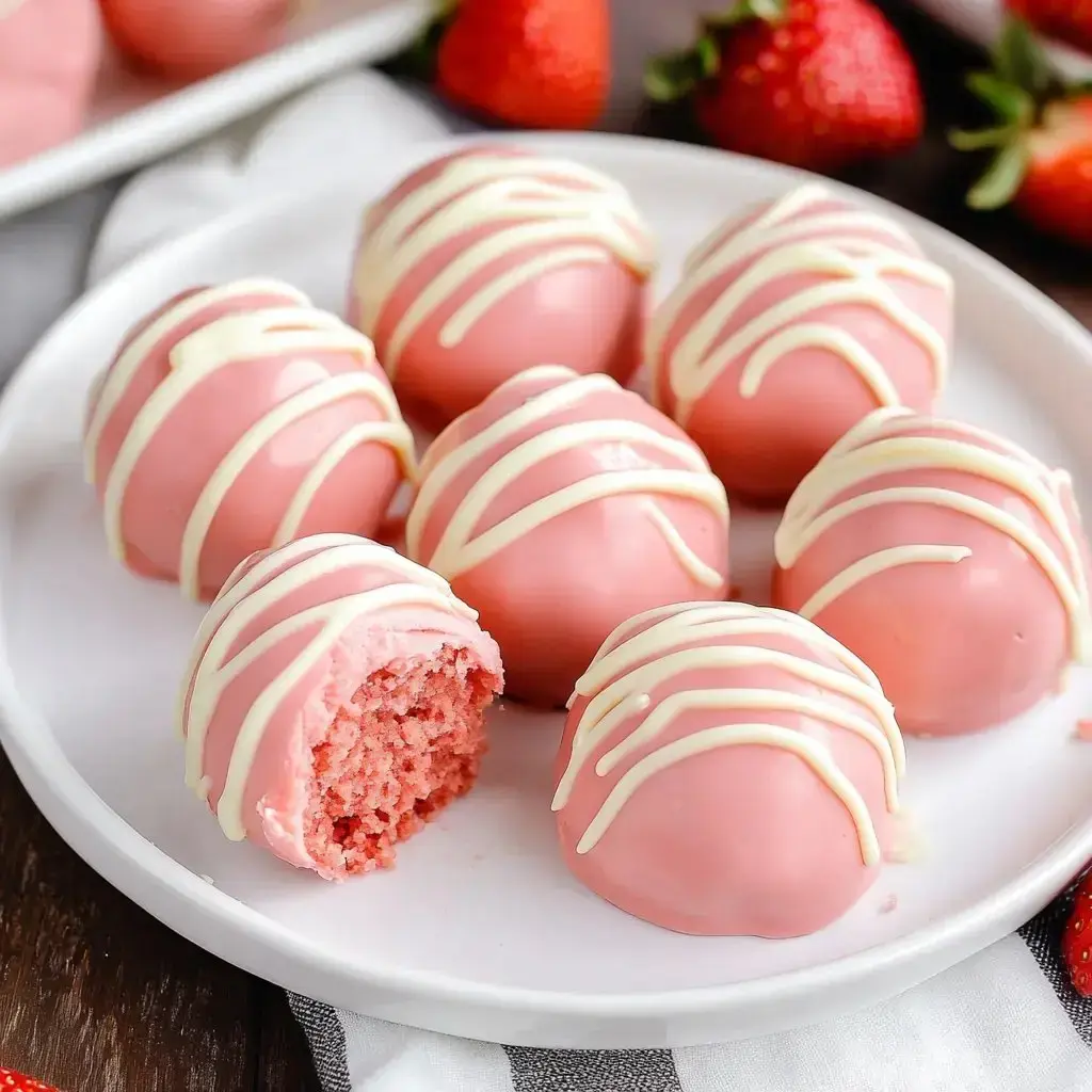 A plate of pink dessert balls drizzled with white chocolate, with one ball bitten into to reveal a soft, pink interior, accompanied by fresh strawberries.