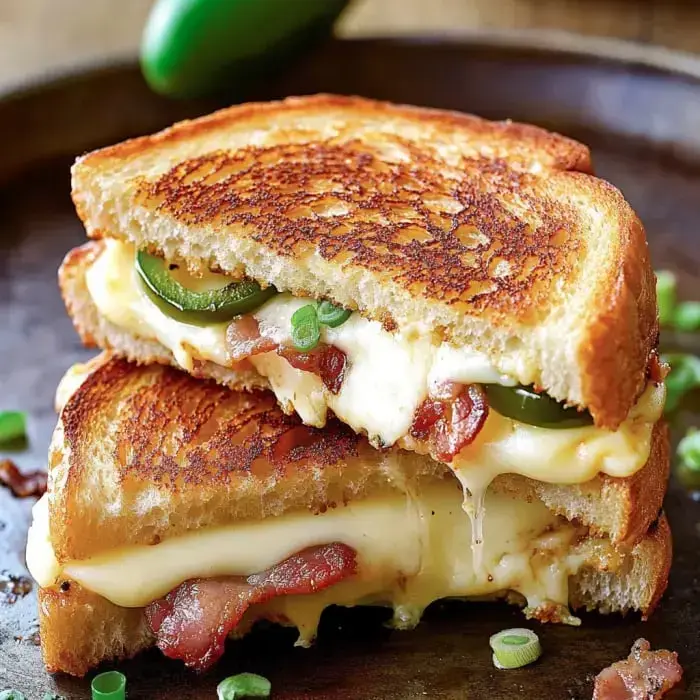 A gooey grilled cheese sandwich with bacon and jalapeños, layered between golden-brown toasted bread.