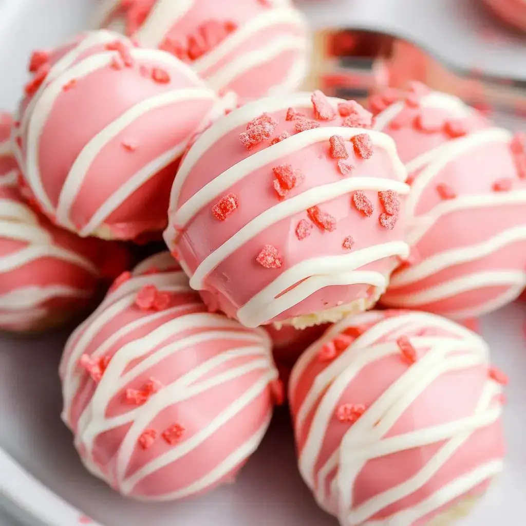 A plate of pink cake balls decorated with white drizzles and red sprinkles.