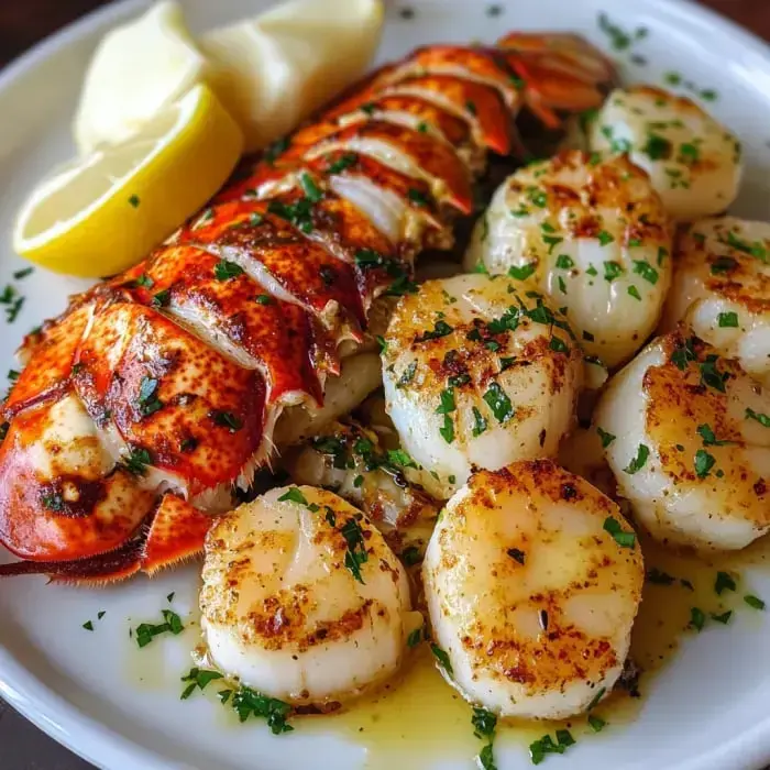 A perfectly cooked lobster tail accompanied by seared scallops, garnished with parsley and served with lemon wedges.