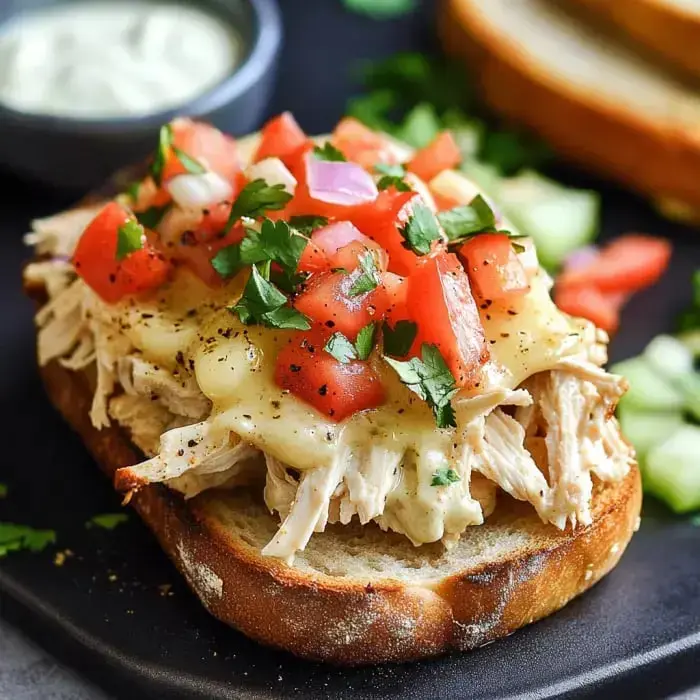 A slice of toasted bread topped with shredded chicken, melted cheese, fresh tomatoes, and cilantro, served alongside a small bowl of sauce.