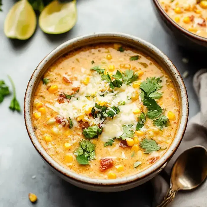 A bowl of creamy corn soup topped with cheese, cilantro, and diced tomatoes, beside lime wedges.