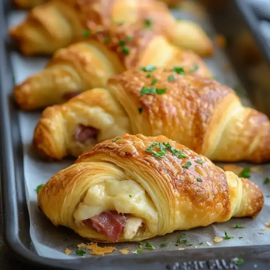 A tray of golden brown crescent rolls filled with cheese and ham, garnished with parsley.