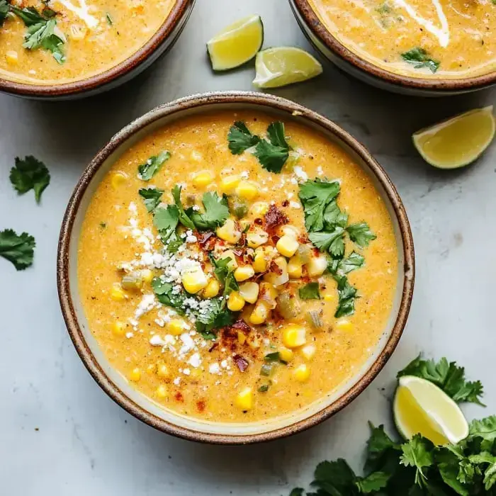 A bowl of creamy corn soup topped with fresh cilantro, corn kernels, and cheese, surrounded by lime wedges.